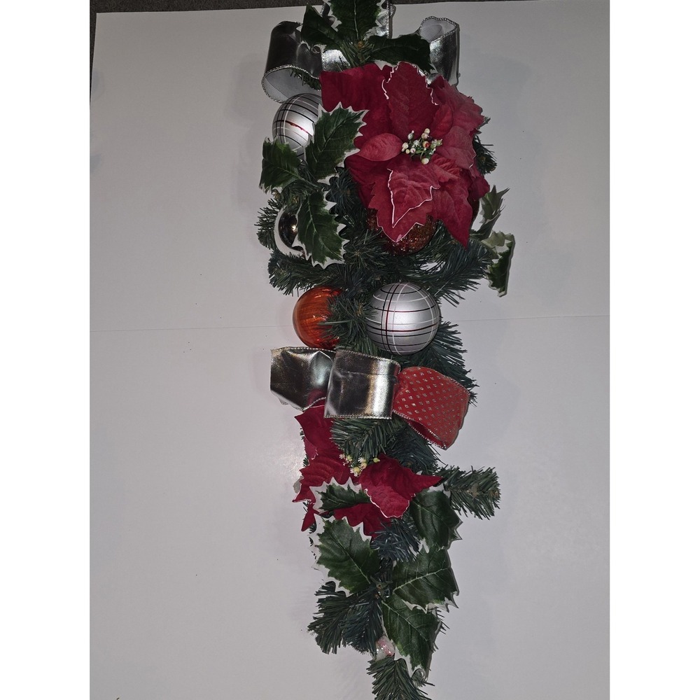 Garland Christmas Decor Poinsettia Holly Ornaments Silver Ribbon 32 x 9 Inches